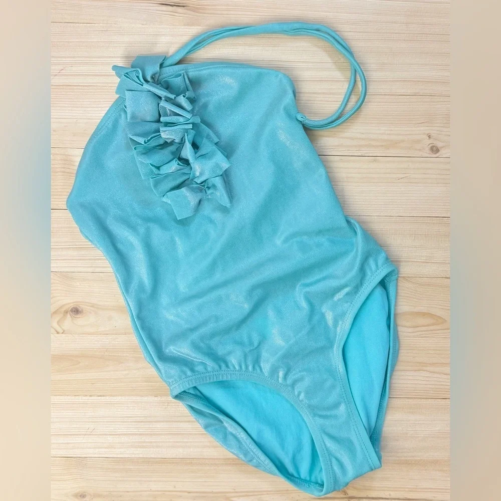 GAP Kids Aqua Blue One Piece Swimsuit Ruffle Detail Girls XS Beach Swimwear
